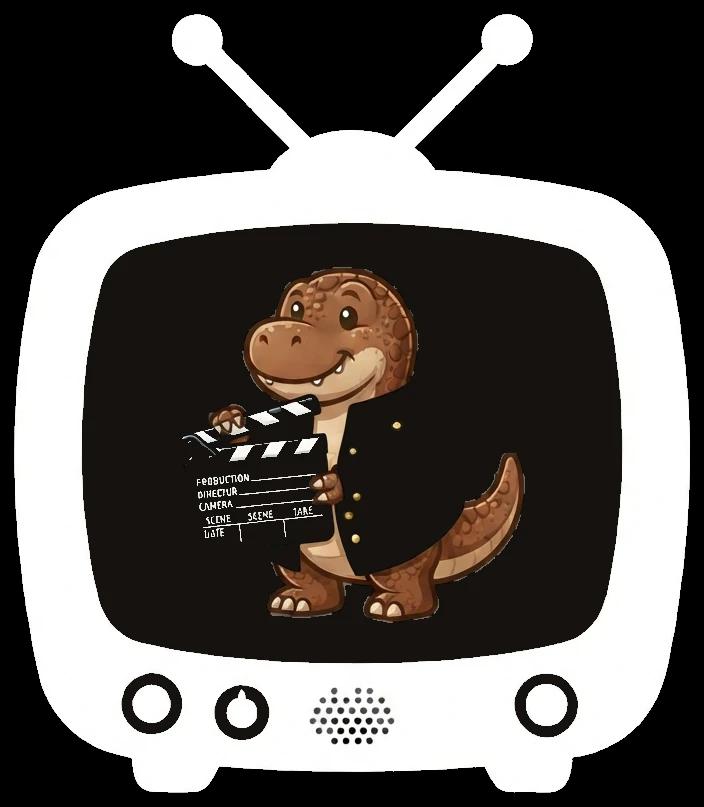 Dino Hub mascot: a cartoon dinosaur in a director's jacket holding a clapperboard, inside a retro TV frame